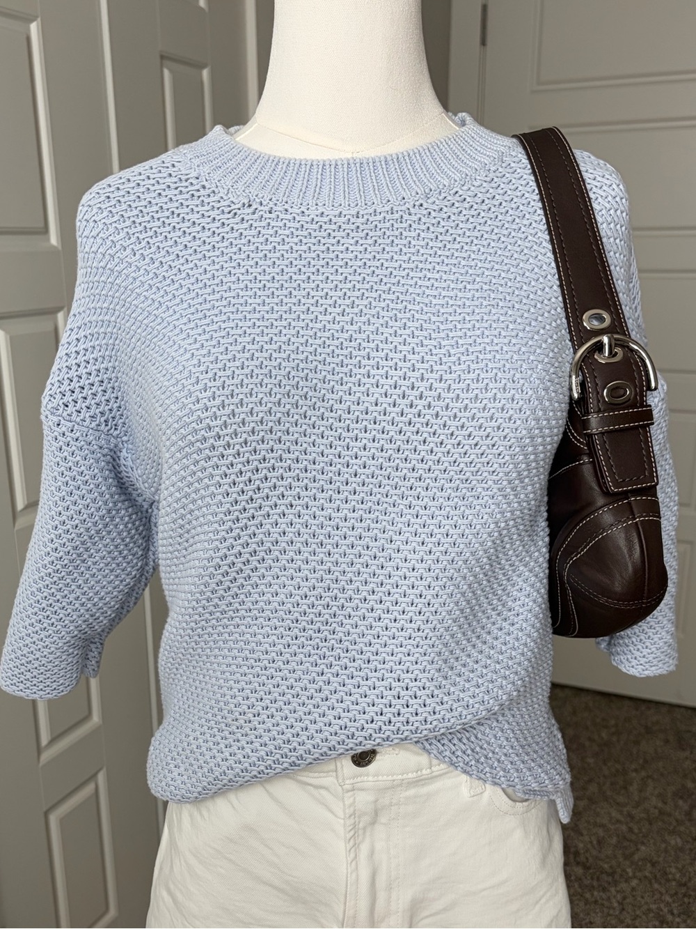J.Crew Cableknit Sweater Shirt - Light Blue Knit Short-Sleeve Sweater